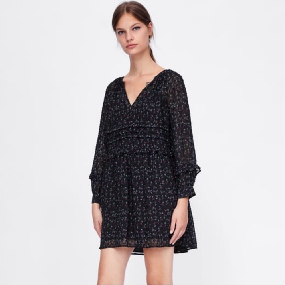 Zara Black Floral Long Sleeve Dress